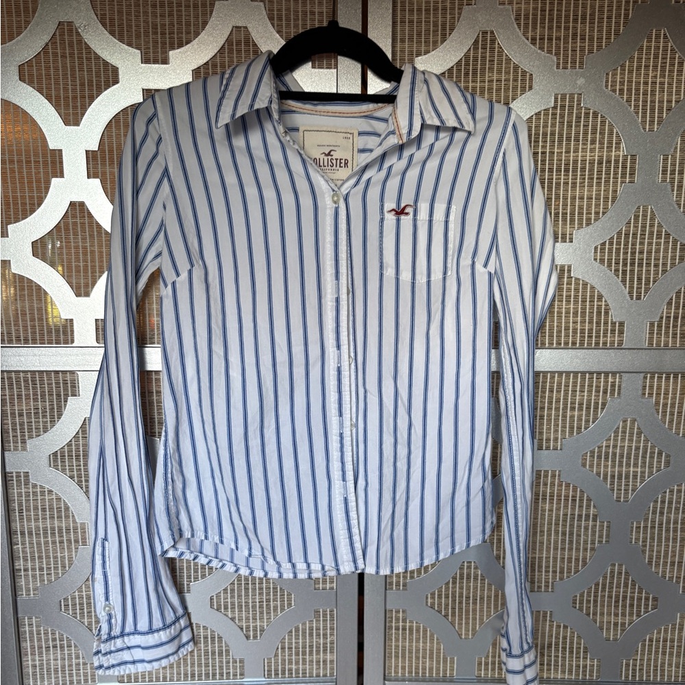 Kids Hollister Blue and White Striped Button Down Shirt